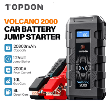 TOPDON Volcano2000 12V Portable Car Jump Starter Battery Pack, Peak 2000A Auto Battery Booster with 20800mAh Power Bank Wireless Charger Type-C LED Flashlight for Car Truck ATV SUV Boat - Imported from UK